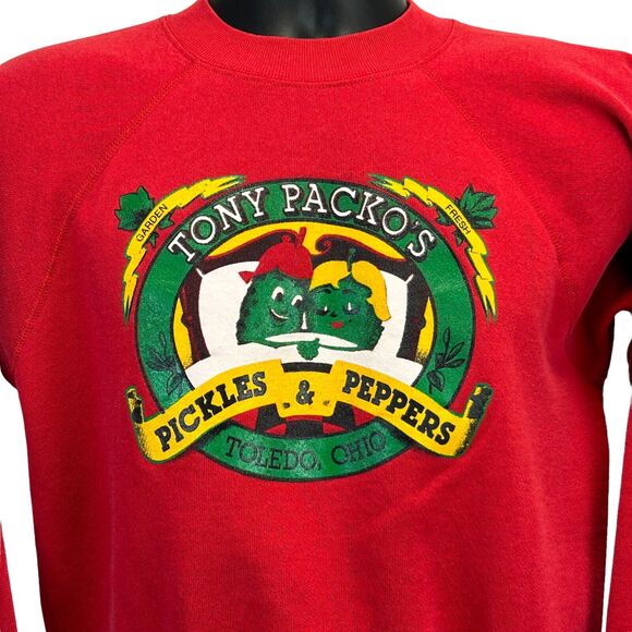 Vintage 90s Tony Packos Pickles & Peppers Sweatshirt Mens Small Red Toledo Ohio - Picture 1 of 10
